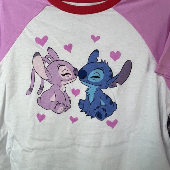 Disney XL 14 Stitch Raglan Graphic T-shirt White pink Cropped X-Large - Picture 3 of 5